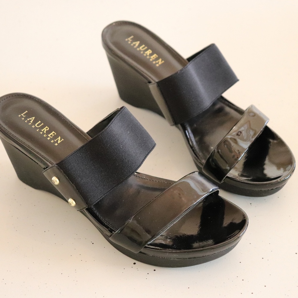 Lauren Ralph Lauren Rhianna Black Patent Wedge 9B
